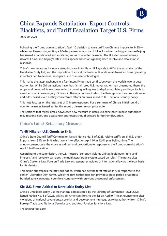 China Expands Retaliation: Export Controls, Blacklists, and Tariff Escalation Target U.S. Firms